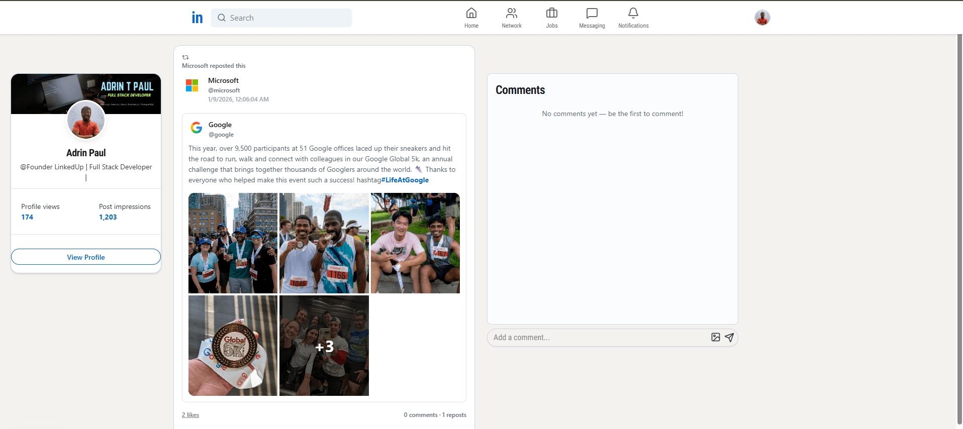 Preview of the LinkedIn-style social platform with feed cards.